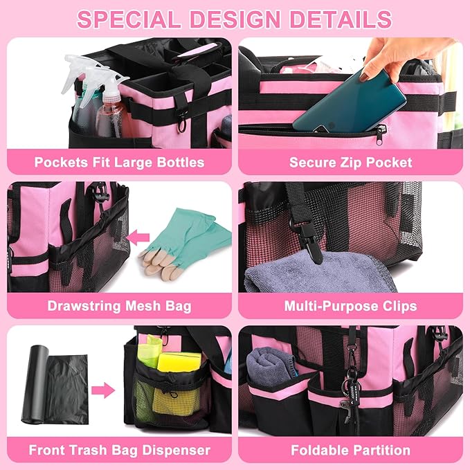 Large Cleaning Caddy Bags, Cleaning Supplies Organizer with Handle & Adjustable Shoulder Straps, 14.7-inch Pink Tool Bag, Cleaning Bags for Housekeepers, Cleaners, Gifts