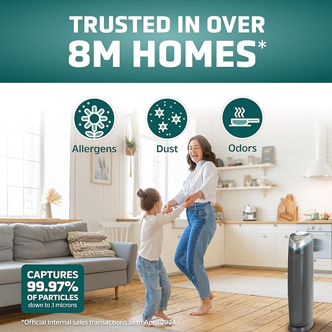 GermGuardian 3-In-1 HEPA Air Purifier for Home, Large Rooms Up To 915 Sq. Ft. with HEPA Air Filter, UV-C Light & Odor Reduction, AC5000E, 28" Tower, Gray