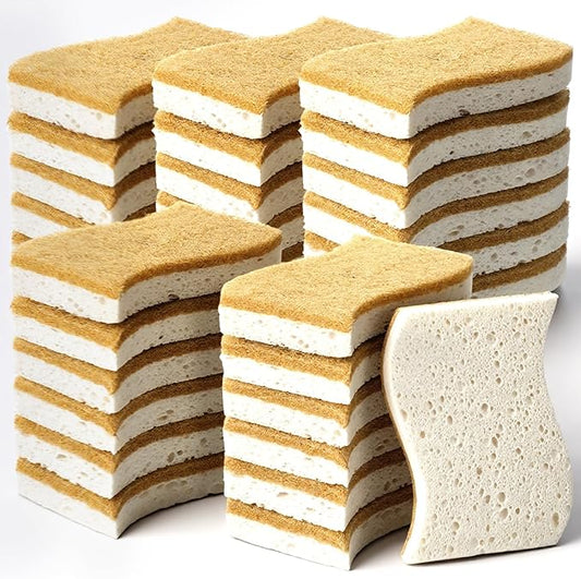 36PCS Natural Kitchen Sponges, Compostable Cellulose Scrubber Sponge, Eco Friendly Coconut Scrubber Dish Sponges for Pots Pans Cleaning, Household Cleaning Sponge for Dishes