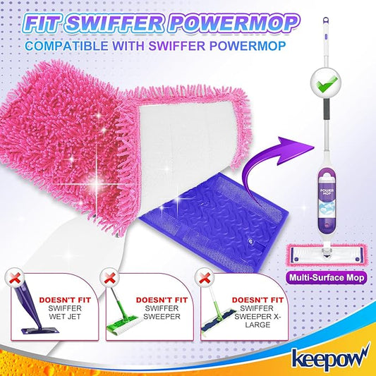 KEEPOW Reusable Mop Pads Compatible with Swiffer PowerMop, Wood Floor Pads Microfiber Mop Replacement Refills Machine Washable for All Floor Surfaces 2 Pack