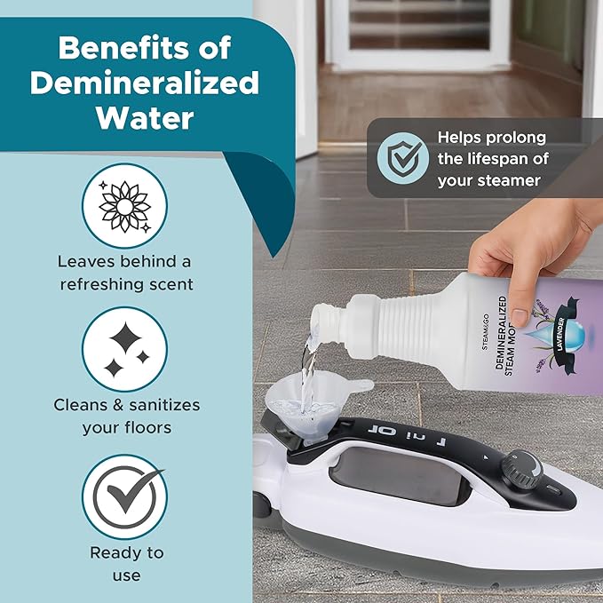 Steam & Go Demineralized Water for Steam Cleaner - PVC-Free Floor Cleaning Solution Compatible for All Steam Mops - Multi-Surface Cleaner for Home Surfaces - Lavender Scent, 32 oz