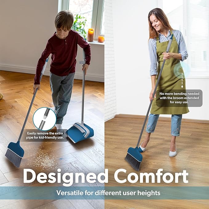 BLACK+DECKER Butler Broom & Dustpan Set - Stand-Up Design - Lightweight, Space-Saving Combo for Kitchen, Living Room, Bathroom, Lobby Floors - Home Cleaning Essential, Ocean Blue