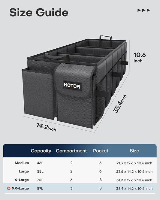 HOTOR Trunk Organizer for Car - Car Organizer, Foldable Trunk organizer for SUVs & Sedans, Sturdy Organization for Car Accessories, Tools, Sundries, Black, 3 Compartments, 35.4"×14.2"×10.6"