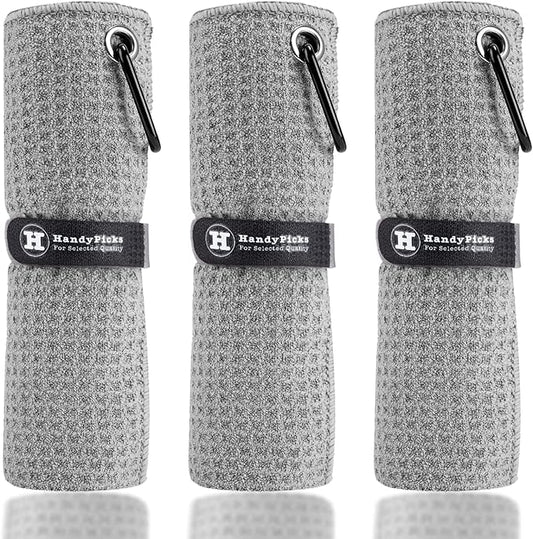 Handy Picks Microfiber Golf Towel (16" X 16") with Carabiner Clip, Waffle Pattern Golf Towel Hook and Loop Fastener - The Convenient Golf Cleaning Towel