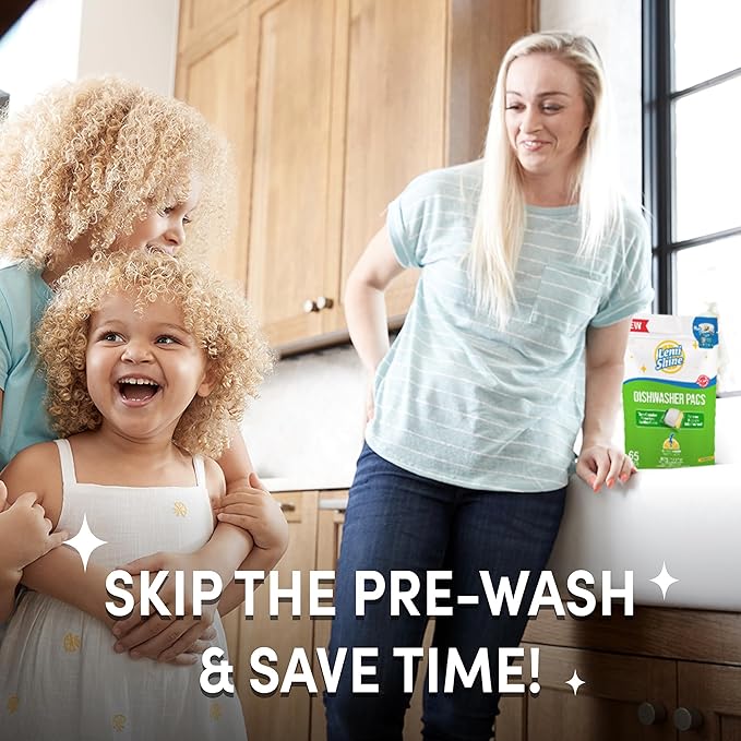 Lemi Shine Natural Dishwasher Detergent Pacs with Dishwasher Cleaner Pouch - Eco Friendly Cleaning Supplies - 31.8 oz (65 Count)