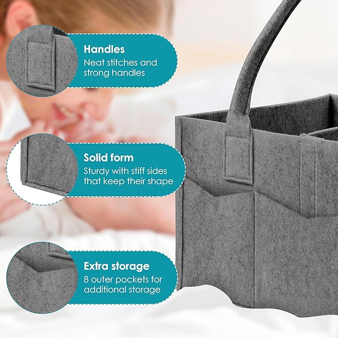 Cute Castle 2 Pack Diaper Caddy Organizer - Portable Baby Caddy Organizer with Handle, Nursery Storage Bin and Car Organizer for Girls, Boys - Baby Gift Basket - Dark Grey, Large