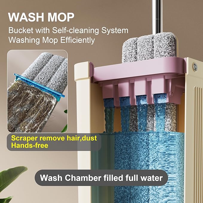 JOYMOOP Mop and Bucket Set (Beige & Blush Brown) with Extension Handle, Ideal for Floor, Window, and Wall Cleaning - Includes 5 Washable Microfiber Pads for Wet and Dry Use