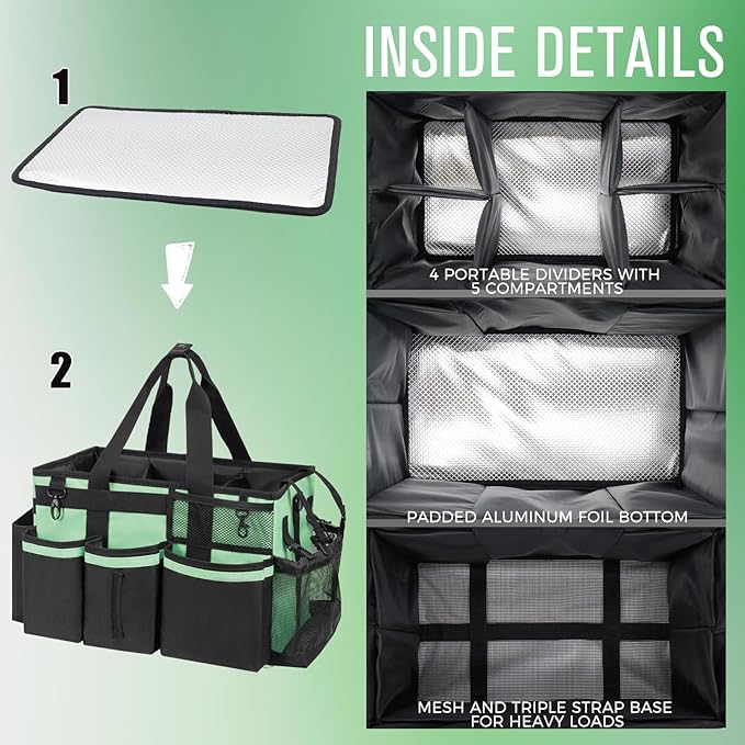 Wearable Cleaning Caddy, Cleaning Caddy Supplies Organizer with Handle & Shoulder Straps for Housekeepers, Under Sink & Car Cleaning Tool Organizers Bag with 4 Foldable Divider (MintGreen)