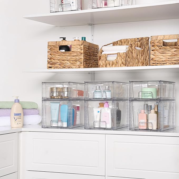 Vtopmart 4 Pack Clear Stackable Storage Drawers,Under Sink and Kitchen Organizers Storage,Easy to Assemble Plastic Drawers for Baby Bottle,Medicine, Bathroom,Cabinet and Pantry Organization