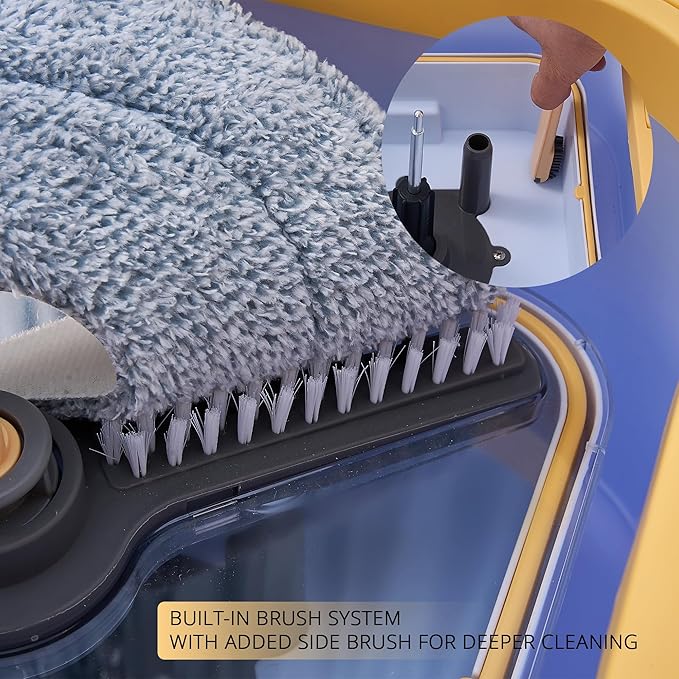 True & Tidy® TrueClean Mop and Bucket System Plus with New Easy Lift Inner Bucket, Self Wringing, Separates Clean from Dirty Water, Folding Mop Head, Dual Brush System, 8-pc Machine Washable Mop Pads