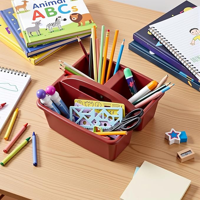 Kathfly 12 Pack Caddy Organizer with Handle, Stackable Organization Storage, Small Plastic Basket Classroom Caddy for Table Desk Office Pencil Kids Room Craft Art Teacher School Supplies (Deep Color)