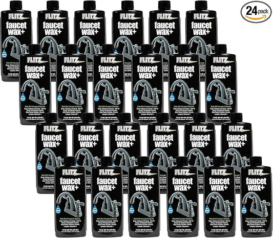 Flitz Faucet Wax Plus - 7.6oz Bottle of USA-Made, Water-Based Faucet Cleaner & Polisher for Water Stains, Fingerprints, & More - Metal Wax for Bronze, Nickel, Chrome, Brass - Granite Polish (24 Pack)