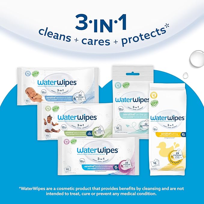 WaterWipes Sensitive+ Bathing Wipes, 3-In-1 Cleans, Cares, Protects, 99.9% Water, Unscented & Hypoallergenic, 16 Count (6 Pack)
