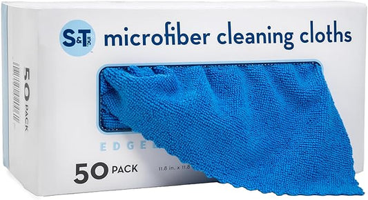 S&T INC. 50 Pack Microfiber Cleaning Cloth with Box, Bulk Towels for Home, Reusable Microfiber Towels for Cars, Cleaning Rags, Blue Color Will Vary, 190gsm, 11.8 Inches x 11.8 Inches, 50 Count