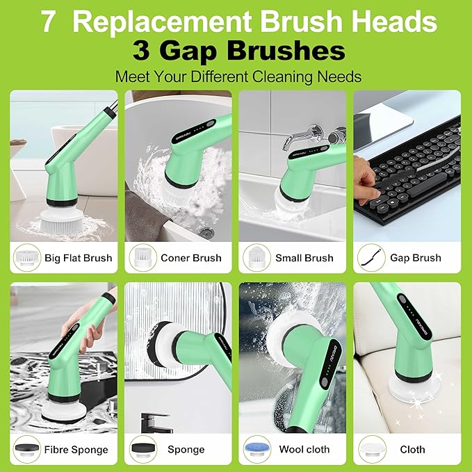 G2-Electric Spin Scrubber - IPX7 Waterproof 10-in-1 Shower Cleaner Brush, Retractable Handle & 2-Speed for Bathroom, Bathtub, Kitchen, Tile Floors