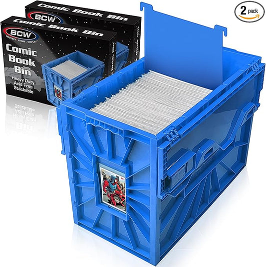 BCW Short Comic Book Bin | Holds 150 Comics | Stackable Plastic Storage | Acid-Free Organizer | Blue, 2 Pack