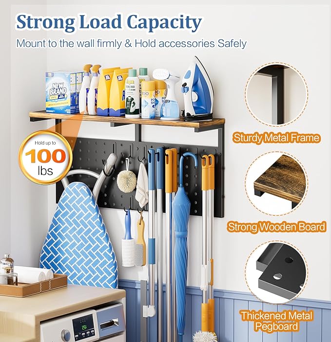 Ironing Board Hanger Wall Mount, Large Storage Iron and Ironing Board Holder, Laundry Room Storage Shelves with Ironing Board Broom Mop Holder, Laundry Accessories Organization and Storage Organizer