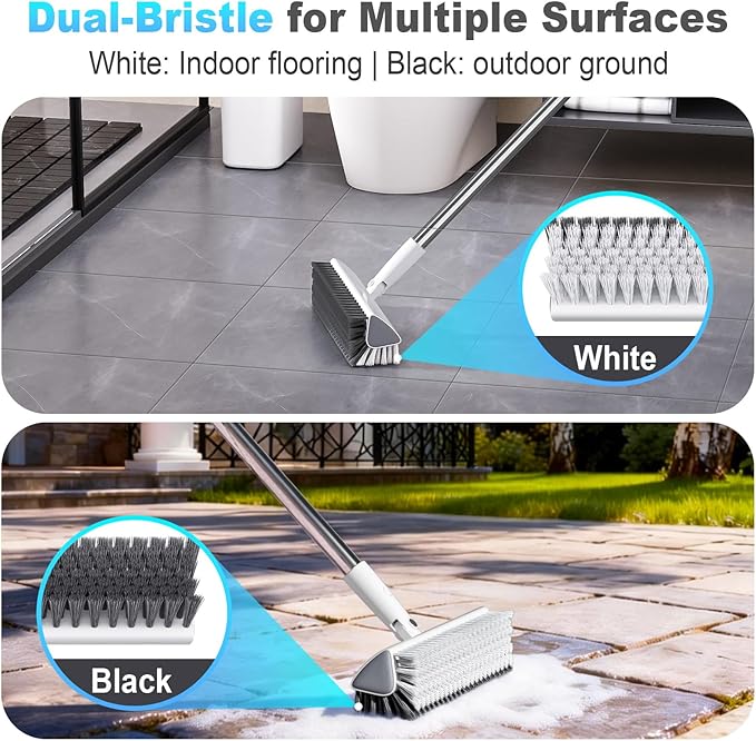 Floor Scrub Brush with Long Handle, Heavy-Duty Stiff Bristles, V-Shape Floor Scrubber Brush for Tile, Concrete & Grout Lines, Stand-Up Cleaning for Garage, Bathroom, Deck & Patio