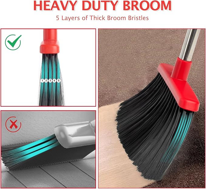 Broom and Dustpan Set with Long Handle, Heavy Dust Broom and Dustpan Combo for Home，Kitchen, Office, Pet Hair 2PCS (Black Red)