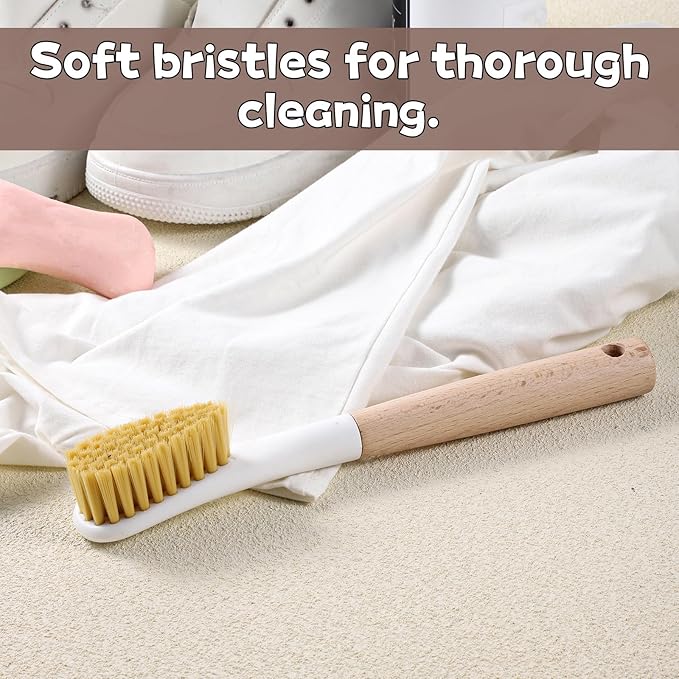 Wood Laundry Stain Brush with Soft Bristle, Stain Remover Brushes with Long Handle for Cleaning Shoes Clothes Fabric, Protable Laundry Scrub Brush for Stains on Clothes(Natural)