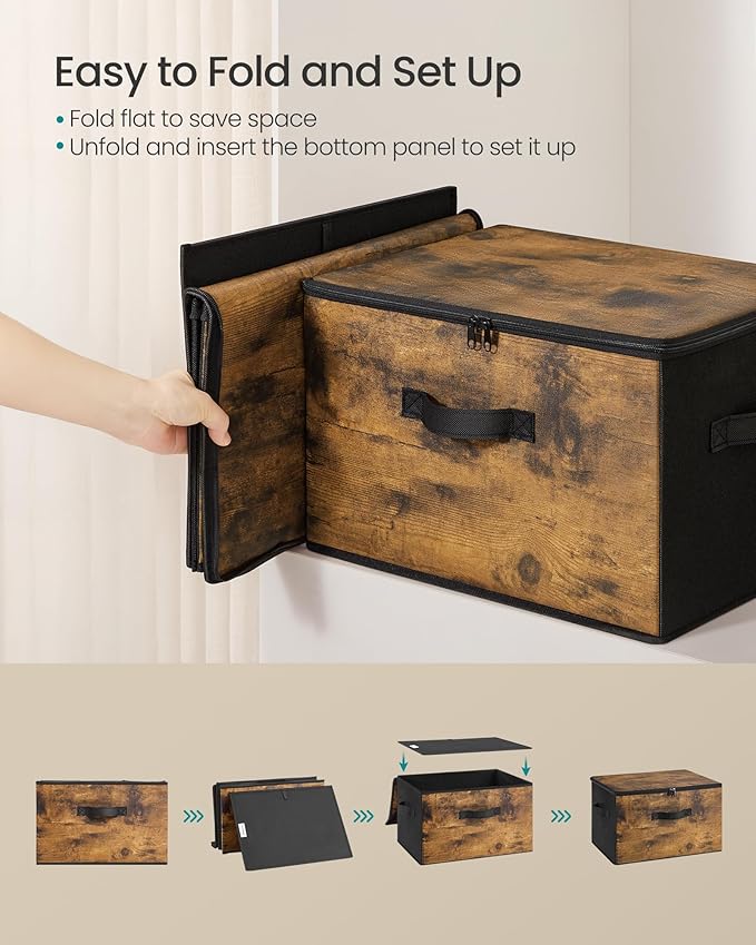 SONGMICS Foldable Storage Organizer Boxes, Set of 3 Storage Basket Bins with Lids, Handles, Clothes Organizer, 15.7 x 11.8 x 9.8 Inches, Non-Woven Fabric, Ink Black URYZ103B01