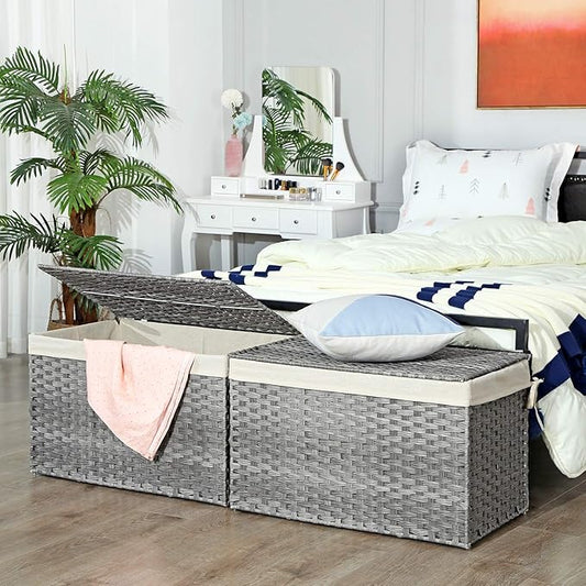 SONGMICS Storage Basket with Lid, Woven Blanket Storage Bin with Handles, Foldable, Removable Liner, Metal Frame, for Bedroom, Laundry Room, 42.3 Gallons (160 L), Gray URST76WG