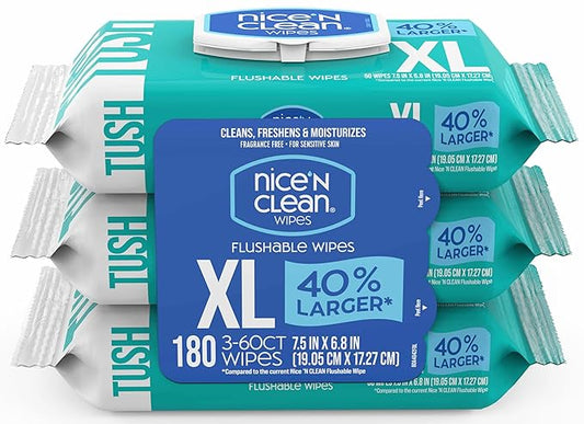 Nice 'N CLEAN Extra Large Flushable Wipes | 40% Larger Wipes | 6.8" x 7.5" Unscented XL Adult Wet Wipes | Septic and Sewer Safe | Fragrance Free, Hypoallergenic, Plant Based | 180 Butt Wipes