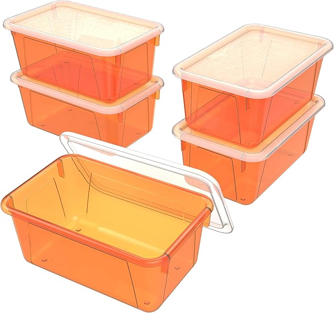 Storex Small Cubby Bins – Plastic Storage Containers for Classroom with Non-Snap Lid, 12.2 x 7.8 x 5.1 inches, Tint Orange, 5-Pack (62485U05C)