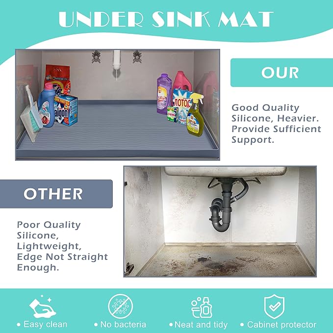 URMONA Waterproof Silicone Under Sink Mat 22'' x 14'' Shelf Liner for Kitchen and Bathroom, Cabinet and Counter Protector, Storage and Organizers, Litter Mat, Pet Cat Puppy Essentials(Black)