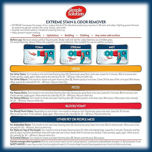 Simple Solution Extreme Pet Stain and Odor Eliminator Spray, Enzymatic Cleaner With 3X Pro-Bacteria Cleaning Power for Dogs & Cats, Strong Urine, Pee and Poop Smell Remover for Carpets & Floors, 32 oz