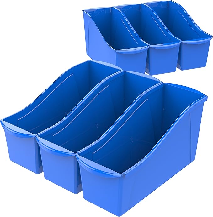 Storex Large Book Bin, Interlocking Plastic Organizer for Home, Office and Classroom, Blue, 6-Pack (71101A06C)