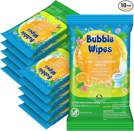 10 Pack Bathroom Cleaning Wipes – 200 Count Citrus Scented 2-in-1 Cleaner bubble Wipes for Bathroom Toilet, Sink, Tile & Shower – Reusable Sealable Pouch, No Scrubbing Needed