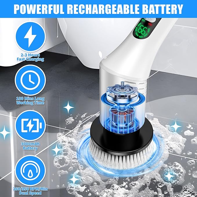 Electric Spin Scrubber, Cordless Power Cleaning Brush with 7 Replaceable Heads, Adjustable Long Handle, & LCD Display, IPX6 Waterproof Shower Scrubber for Bathroom, Tub, Tile, Floor & Car