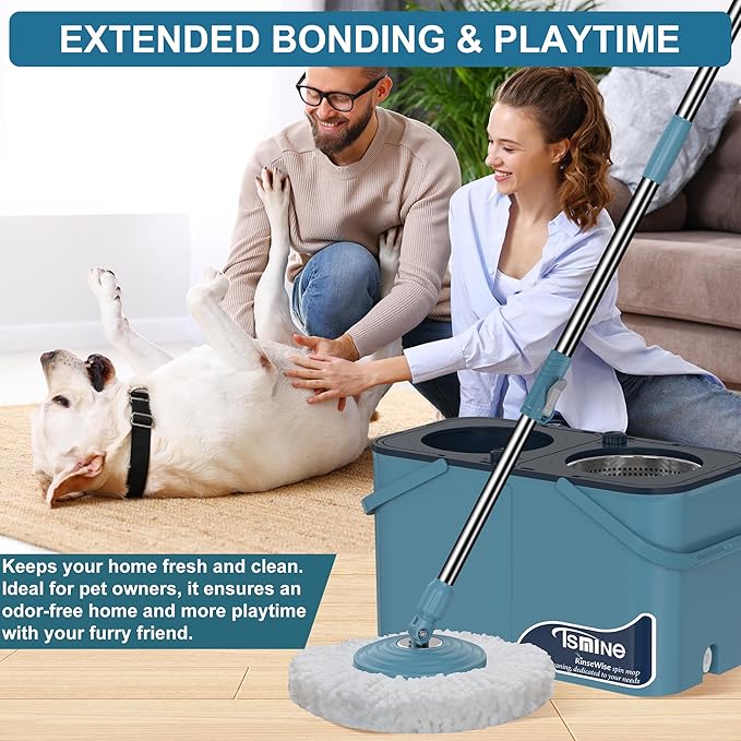 Gen 1 Large-Capacity Spin Mop and Bucket – for Big Homes & Deep Cleaning Days,4-Chamber System Separates Dirty & Clean Water, 2-GAL Heavy-Duty Design with Wheels & 10 Refill Mop Heads - Blue/Grey