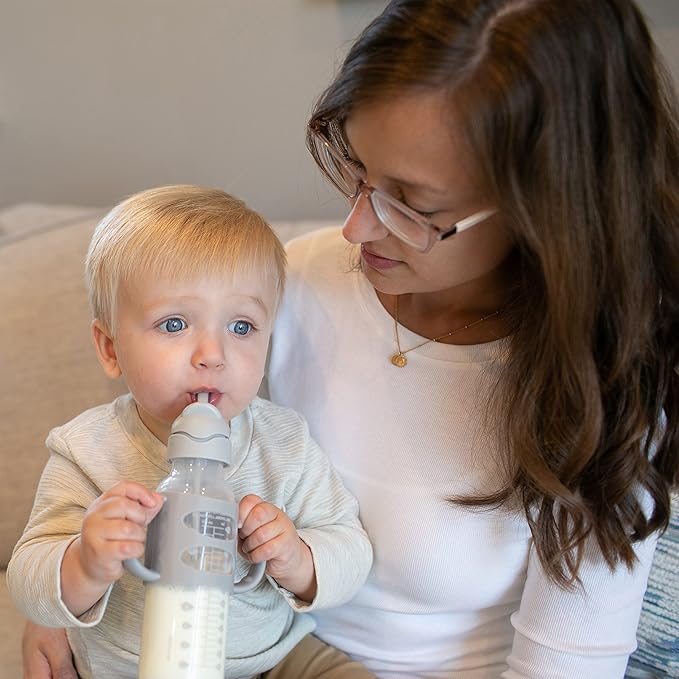 Dr. Brown's Milestones Narrow Sippy Straw Bottle, Spill-Proof with 100% Silicone Handles and Weighted Straw, 8 oz/250 mL, Gray/Pink, 6m+
