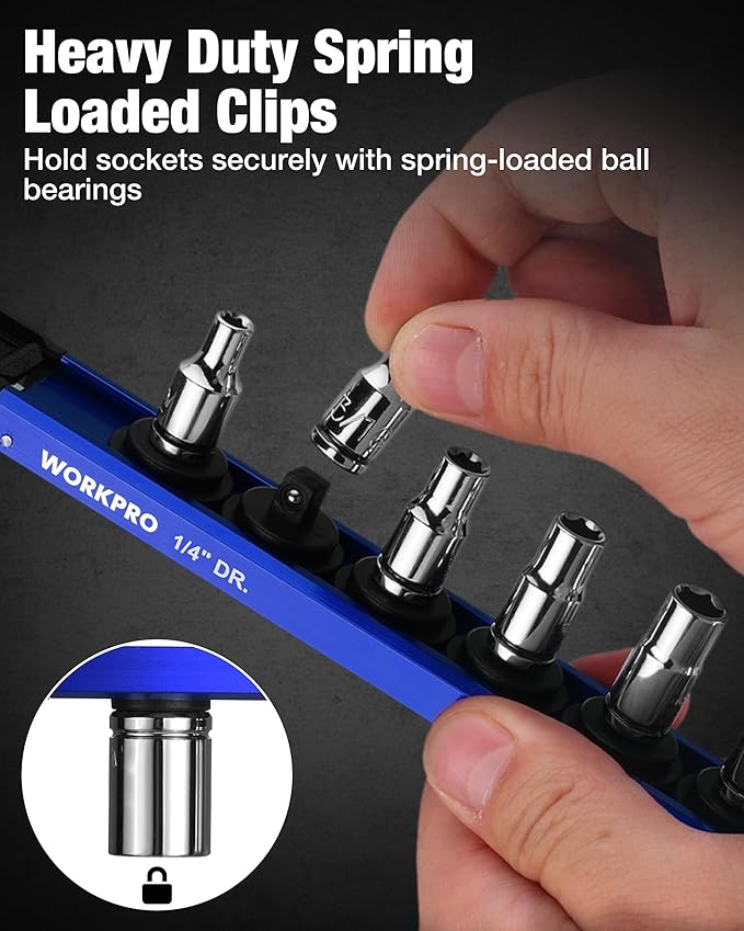 WORKPRO Magnetic Socket Organizer Set, 1/2" 3/8" 1/4" Drive Aluminum Alloy Socket Holder with Removable Socket Clip for Quick Customization, 3PC Socket Rail for Tool Box Drawer (Sockets Excluded)