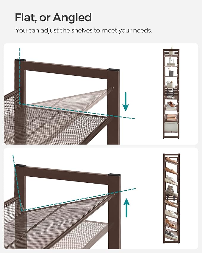 SONGMICS Shoe Rack, 8-Tier Shoe Organizer, Metal Rack for Garage, Set of 2, 4-Tier Stackable Shelf, with Adjustable Flat or Angled Shelves, 32-40 Pairs, Bronze ULMR08A