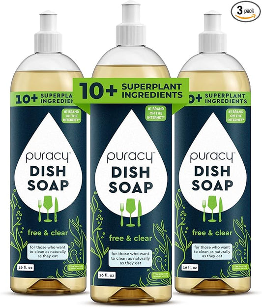 Puracy Natural Dish Soap Packs- Unscented Skin-Softening Plant-Based Dishwashing Soap, Non-Toxic Dish Soap, Fragance Free Organic Liquid Dishwashing Detergent Soap (Unscented, 16 fl oz, 3 Pack)