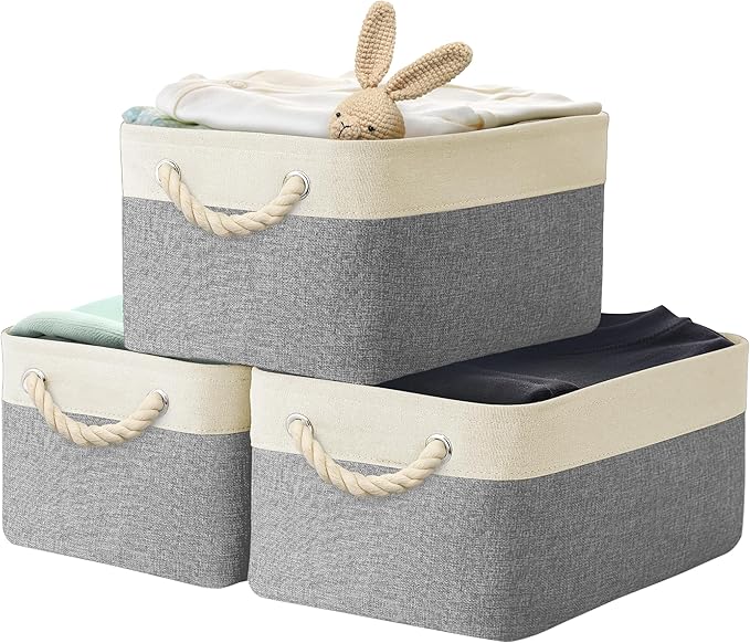 Simple Houseware Large Fabric Storage Bin, 15.7" x 12" with Braided Handles, 3 Pack, Gray
