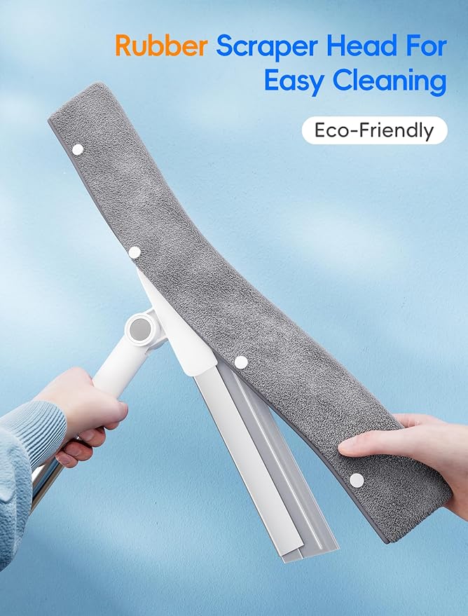 Floor Squeegee Broom with Long Handle, Heavy Duty Rubber Squeegee Kit with 2 Replacement Heads & 1 Cloth, Scrubber for Tile Floor, Garage, Concrete (3-in-1 Set)