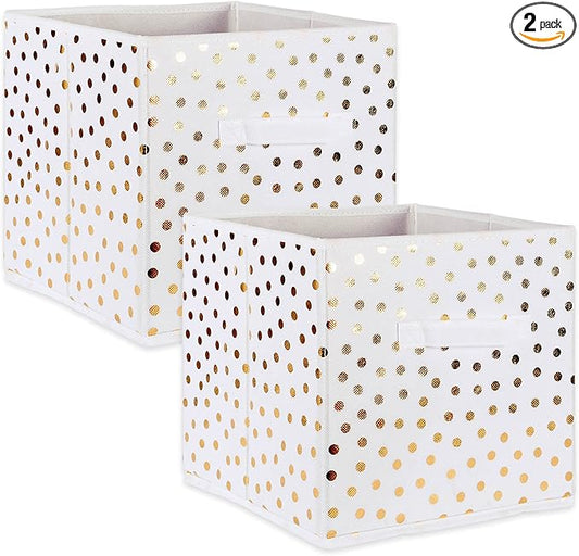 DII Non Woven Polyester Storage Bin, Polka Dot, White & Gold, Large Set of 2