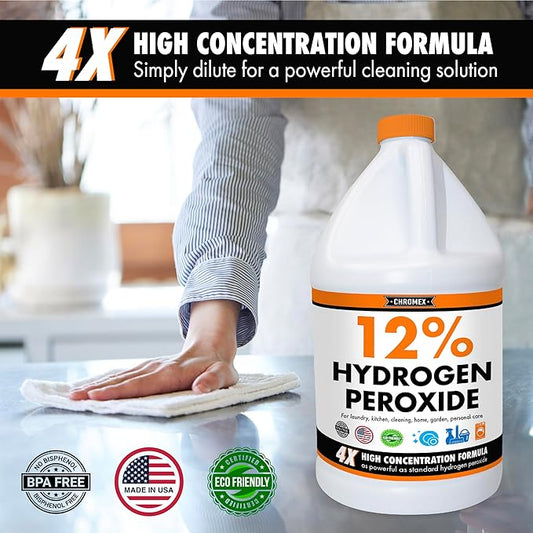 Chromex Hydrogen Peroxide 12 Percent Food Grade, 4x Power Concentrated Solution, 4 Gallons Dilute to 16 Gallons, Versatile Uses include Topical Care, Home, Kitchen, Bath Cleaner, Laundry, Whitening