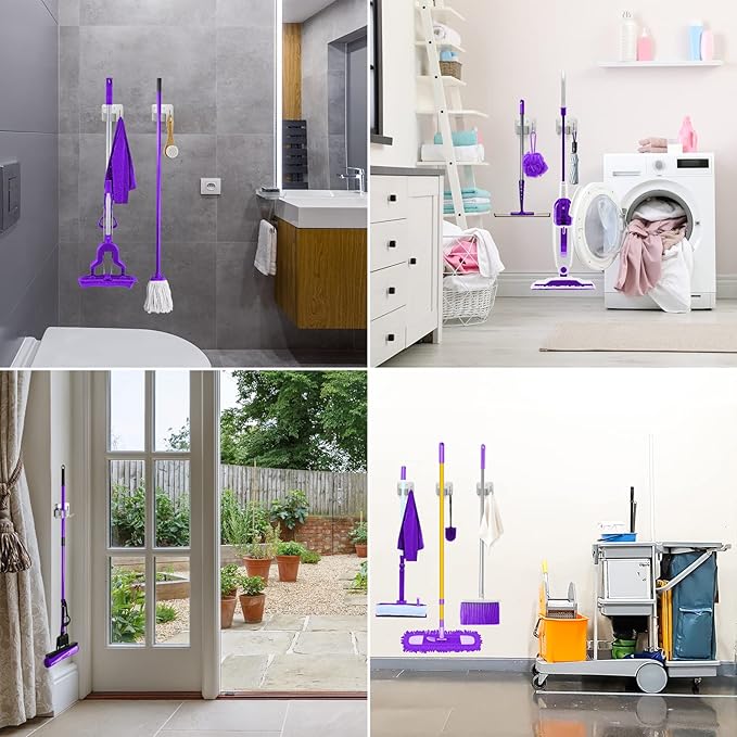 Broom Holder Wall Mount Screw Drilling, Sturdy Heavy Duty Stainless Steel Mop Gripper Rack Perforated, Perfect for Laundry Room Organizer, Fit with Laundry Kitchen Garage Garden Storage System