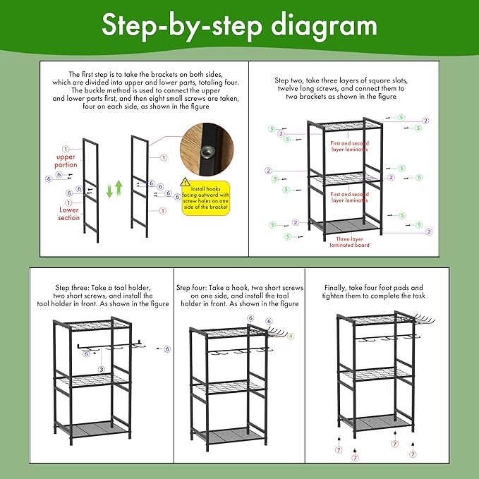 Garden Tool Organizer - 70-Hole Garage Storage Rack with Adjustable Feet & T-Handle Hooks, Broom/Mop Holder for Yard, Shed, Multi-Scene Use, No-Tool Assembly，Rack for Garage Organization Black