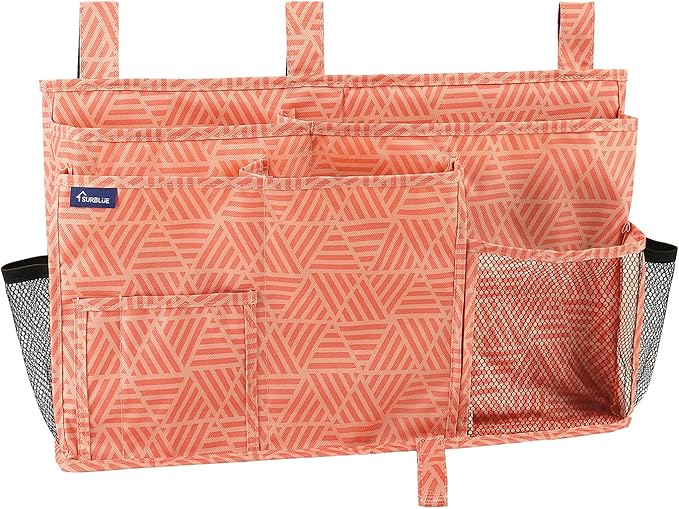 Surblue Bedside Caddy Hanging Organizer Storage Bag Pocket for Bunk, Hospital, College Dorm Rooms, Baby Bed Rails, Camp (8 Pockets), Orange Plaid