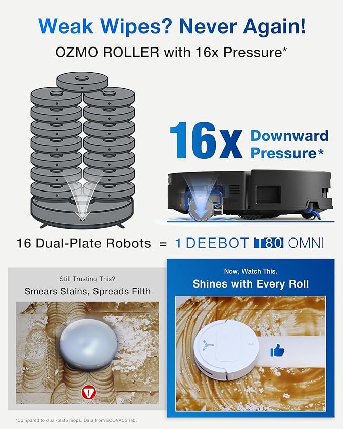 ECOVACS DEEBOT T80 Omni Robot Vacuum and Mop, 18,000Pa Suction, OZMO Roller Mop with TruEdge, Zero-Tangle Brush, AI Navigation, All-in-One Station