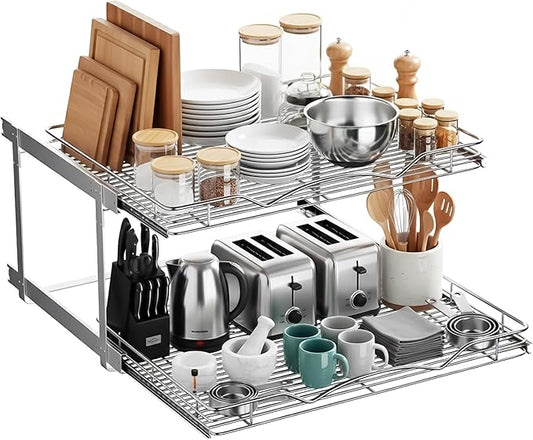 HOLDN’ STORAGE Two Tier Pull Out Cabinet Organizer, Individual Sliding Drawers - Heavy Duty Metal with Lifetime Limited Warranty - Anti Rust Chrome Finish - 28" W x 21”D x 16.5" H