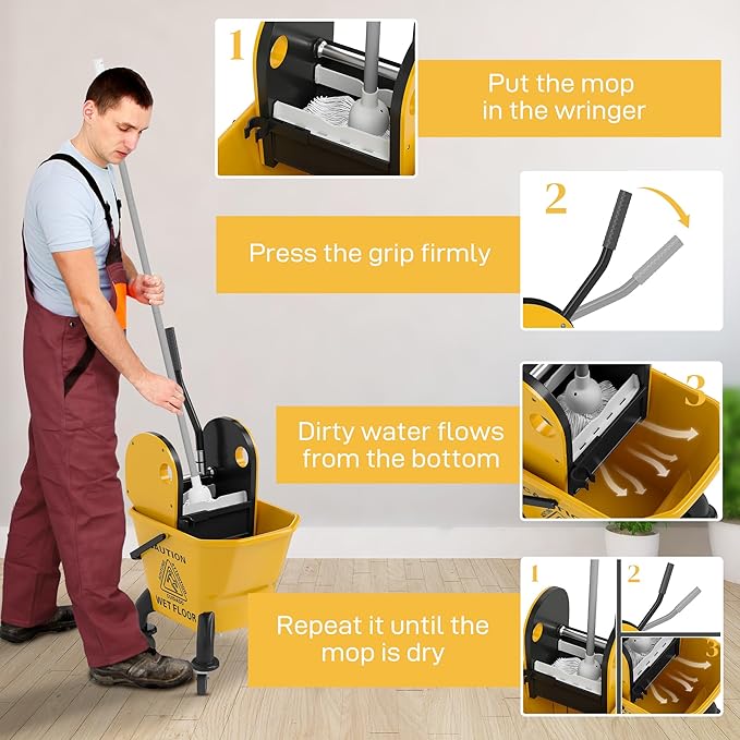 Heavy-Duty Mop Bucket with Press Wringer System for Efficient Floor Cleaning – Durable Plastic Cart Design with Smooth-Rolling Wheels