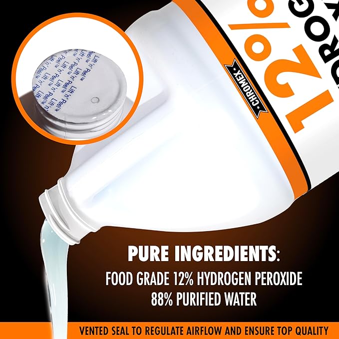 Chromex Hydrogen Peroxide 12 Percent Food Grade, 4x Power Concentrated Solution, 2 Gallons Dilute to 8 Gallons, Versatile Uses include Topical Care, Home, Kitchen, Bath Cleaner, Laundry, Whitening