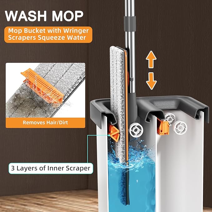 Mop and Bucket with Wringer Set for Home, Flat Mop Bucket Set with 3 Washable Microfiber Pads, Wet and Dry Mop with Long Handle，Wall Cleaner for All Floor Types and Windows